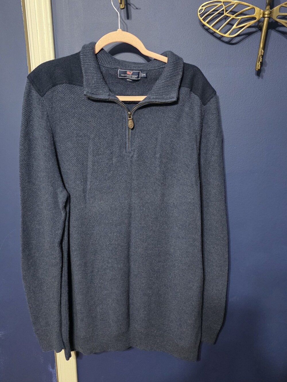 Vineyard Vines Men's 2XL Blue Merino Wool 1/4 Zip Mock Neck Long Sleeve Sweater